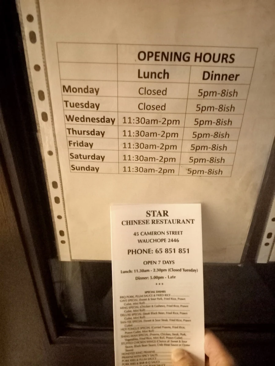 Menu, The Star Chinese Restaurant