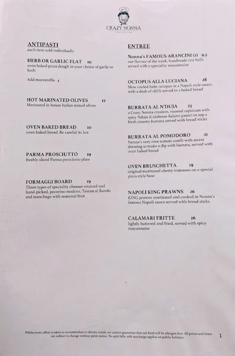 Menu, Crazy Nonna