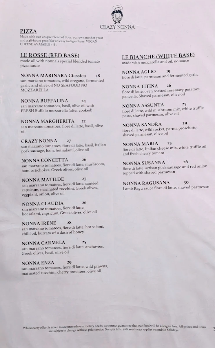 Menu, Crazy Nonna