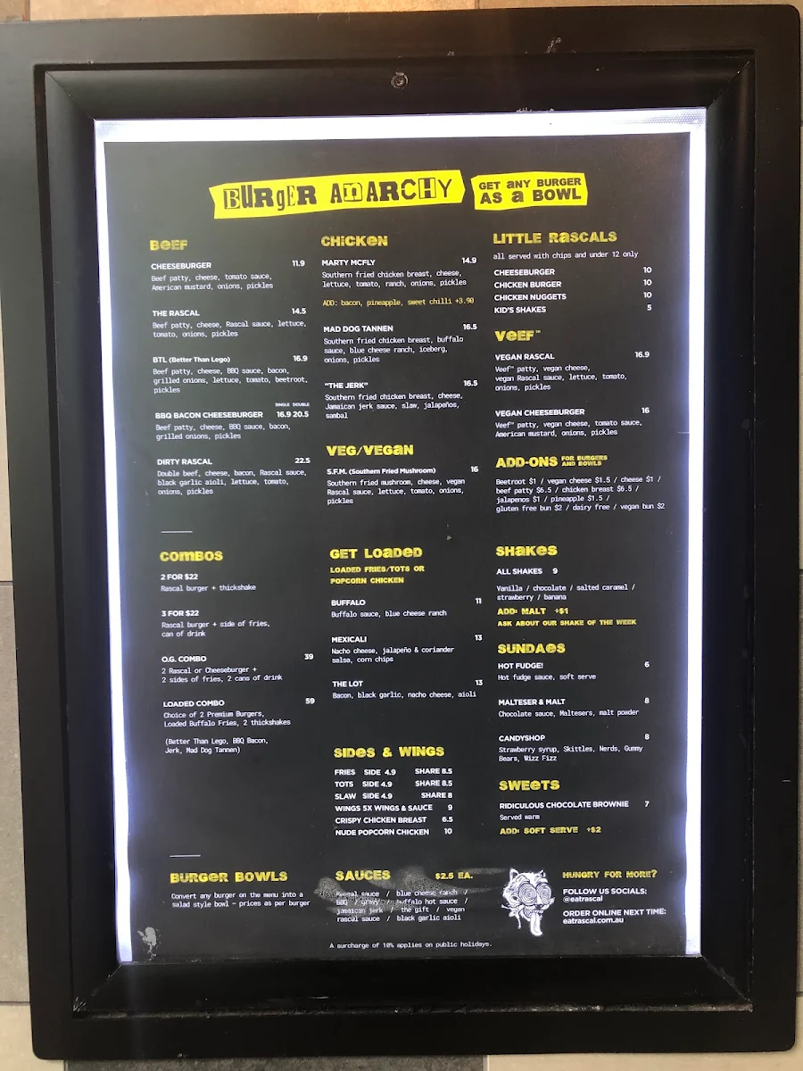 Menu, Rascal Charlestown