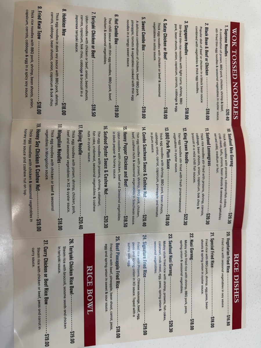 Menu, Kerrimuir Noodle Bar