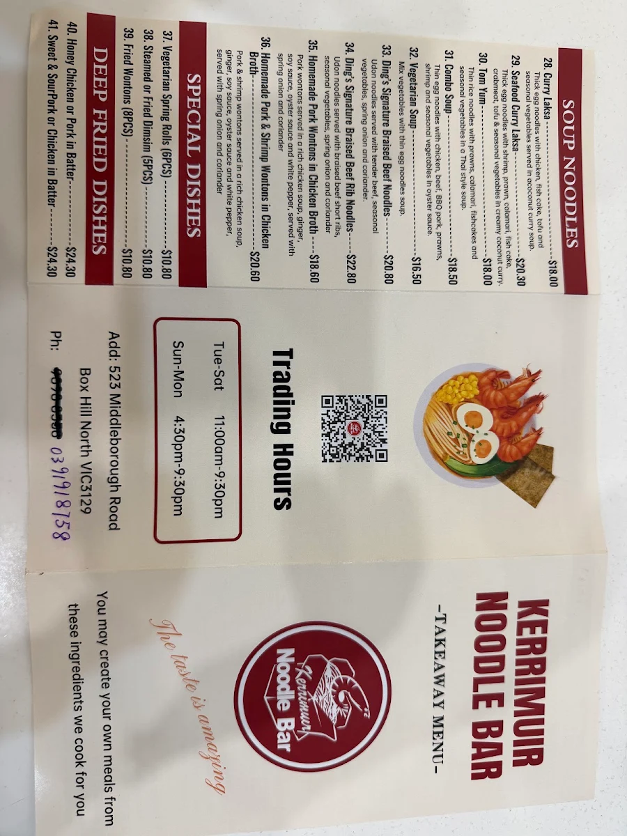 Menu, Kerrimuir Noodle Bar