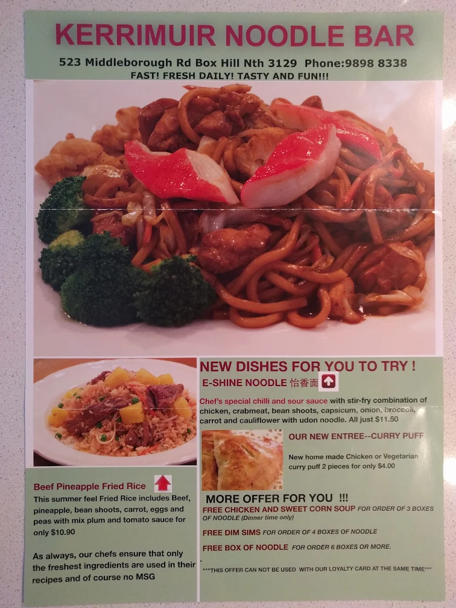 Menu, Kerrimuir Noodle Bar