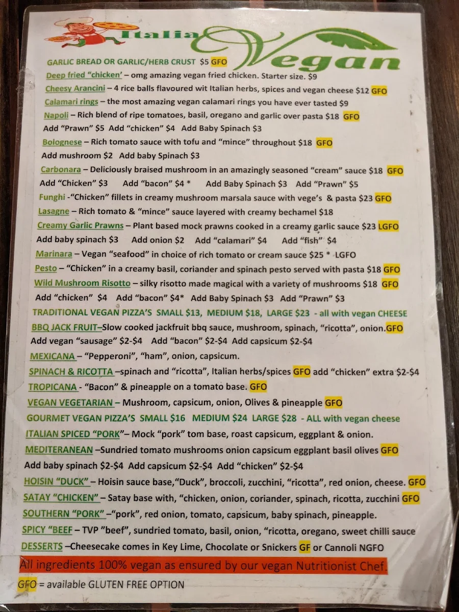Menu, Italia Pizza & Pasta
