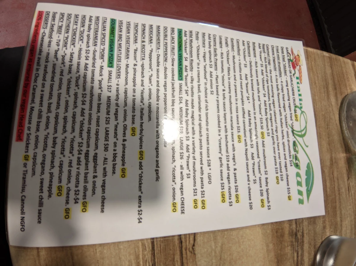 Menu, Italia Pizza & Pasta