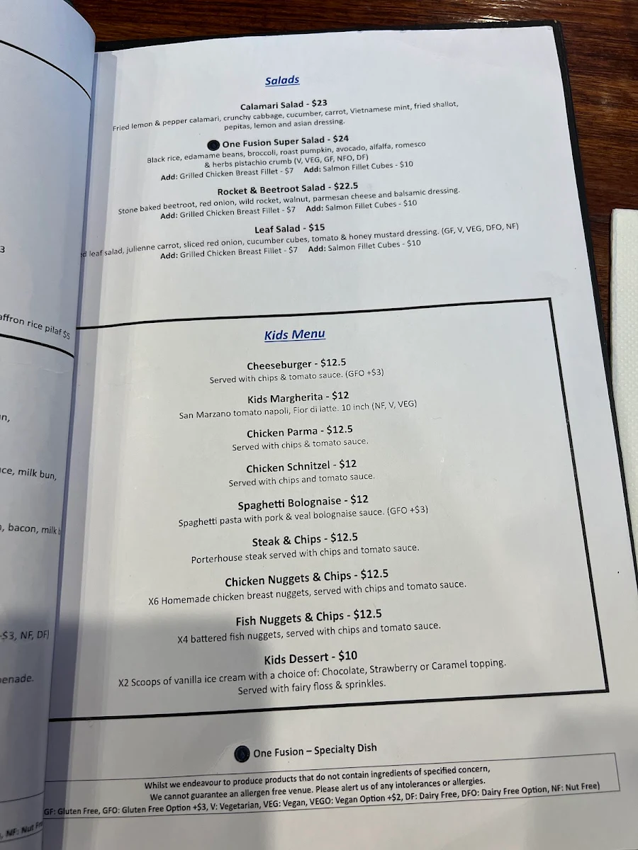 Menu, One Fusion