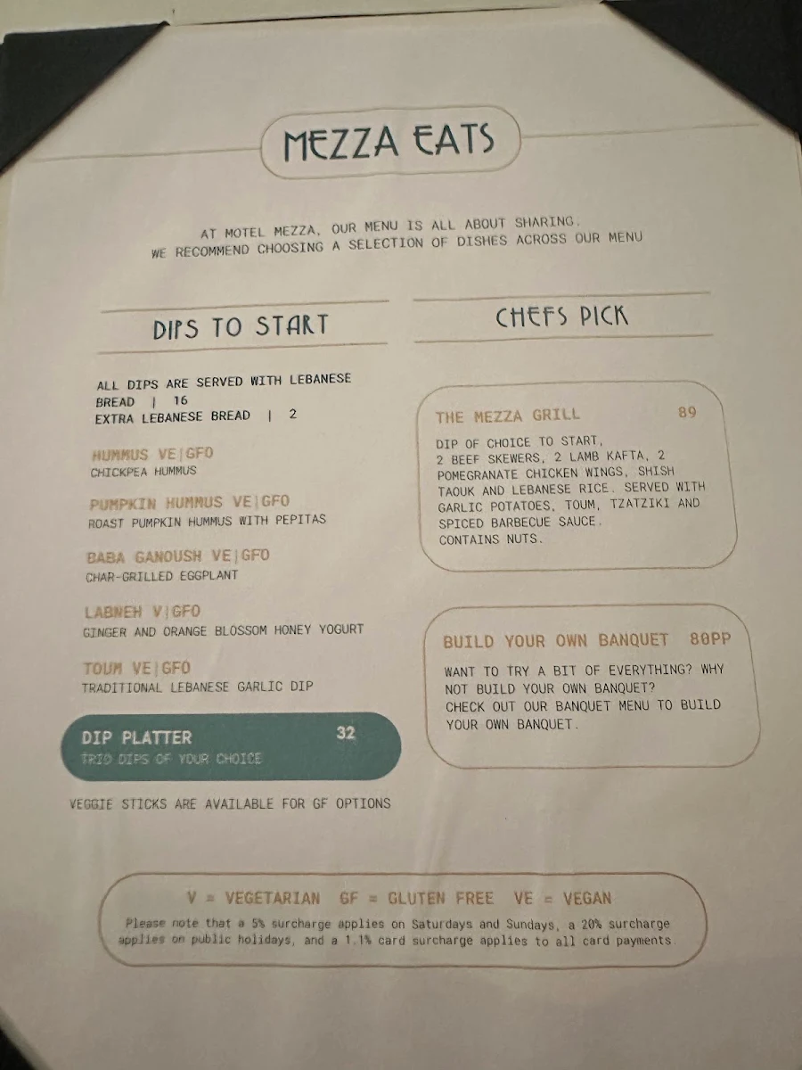 Menu, Motel Mezza Restaurant & Bar
