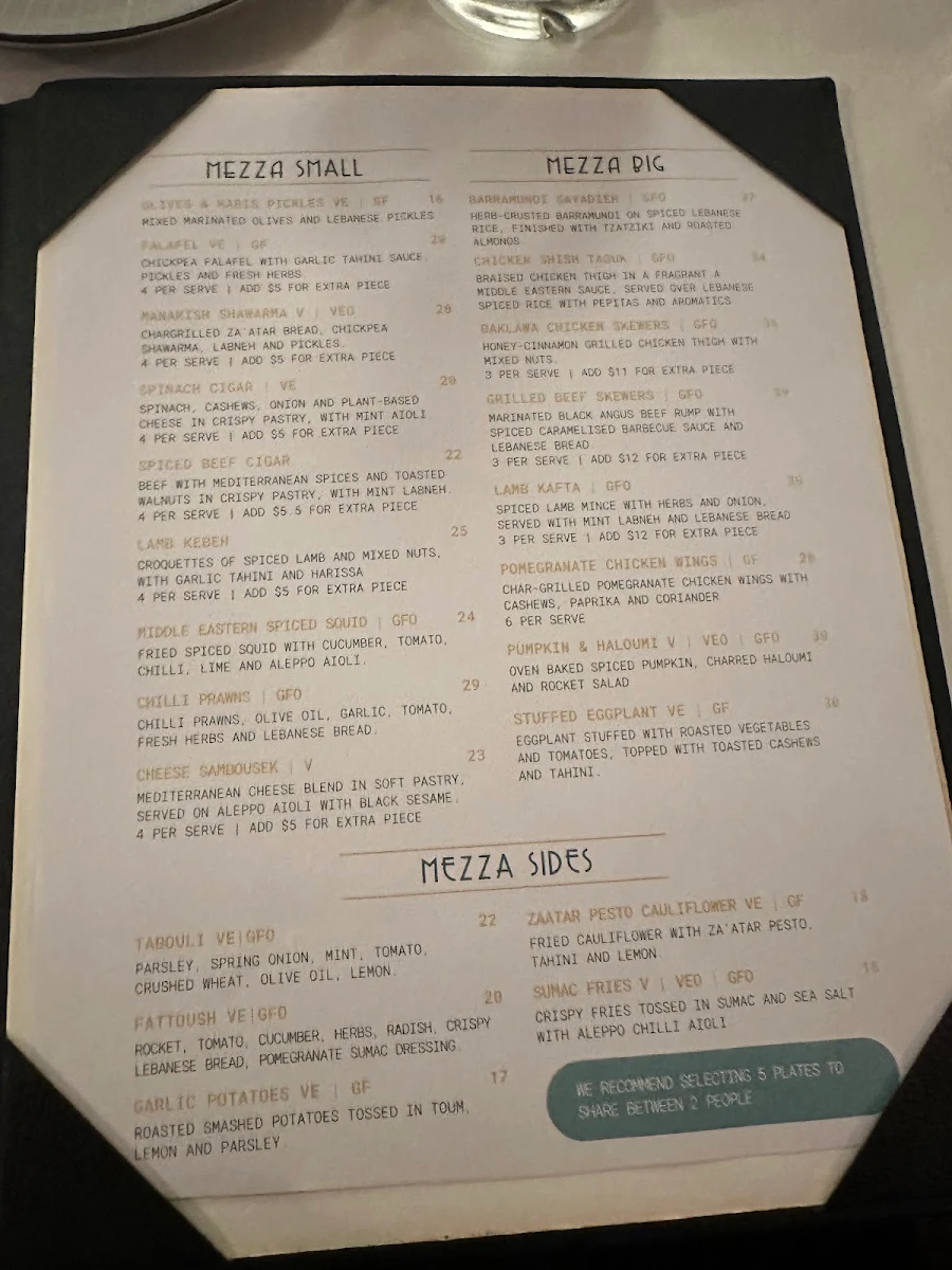 Menu, Motel Mezza Restaurant & Bar