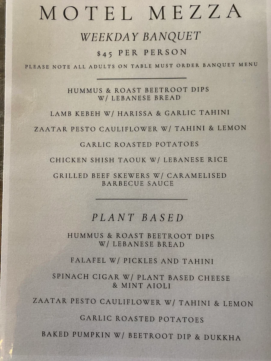 Menu, Motel Mezza Restaurant & Bar