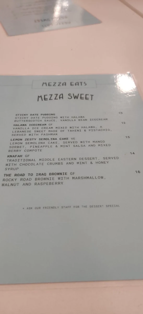 Menu, Motel Mezza Restaurant & Bar
