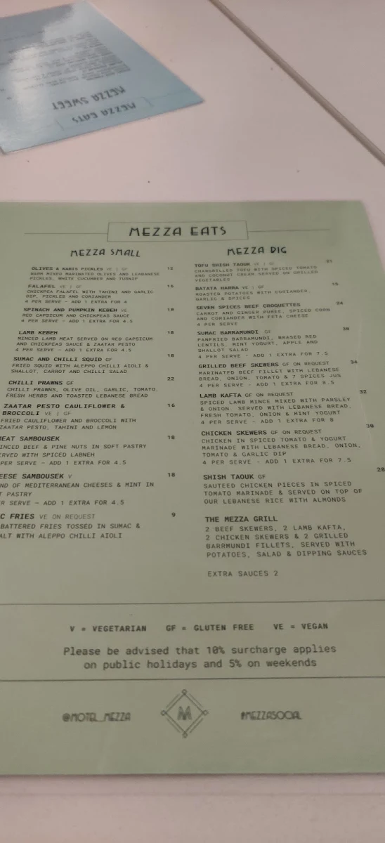 Menu, Motel Mezza Restaurant & Bar