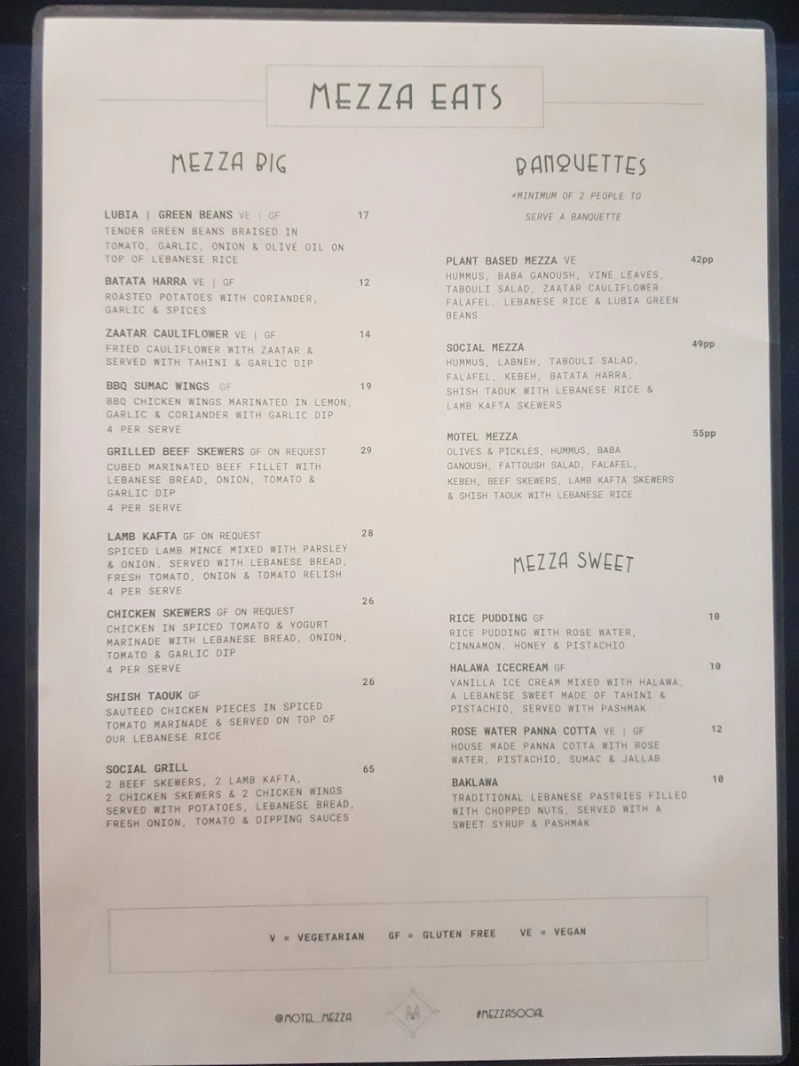 Menu, Motel Mezza Restaurant & Bar