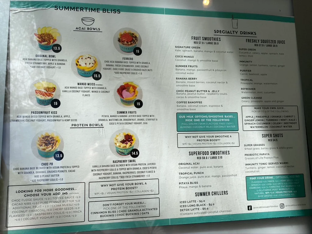 Menu, Coco Bliss South Bank