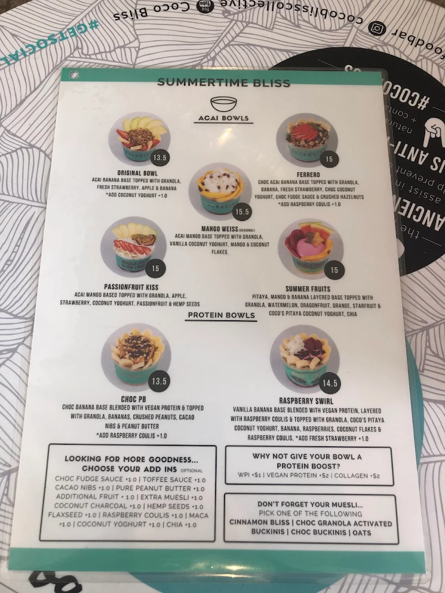 Menu, Coco Bliss South Bank