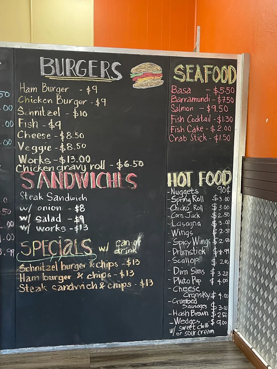 Menu, Bad Burgers Fish n Chips