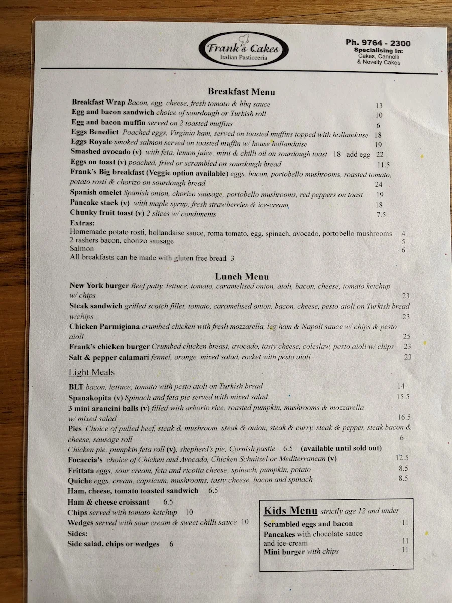 Menu, Frank's Cakes