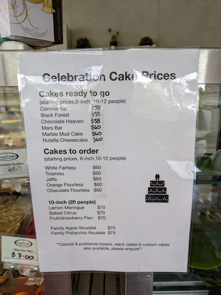 Menu, Frank's Cakes