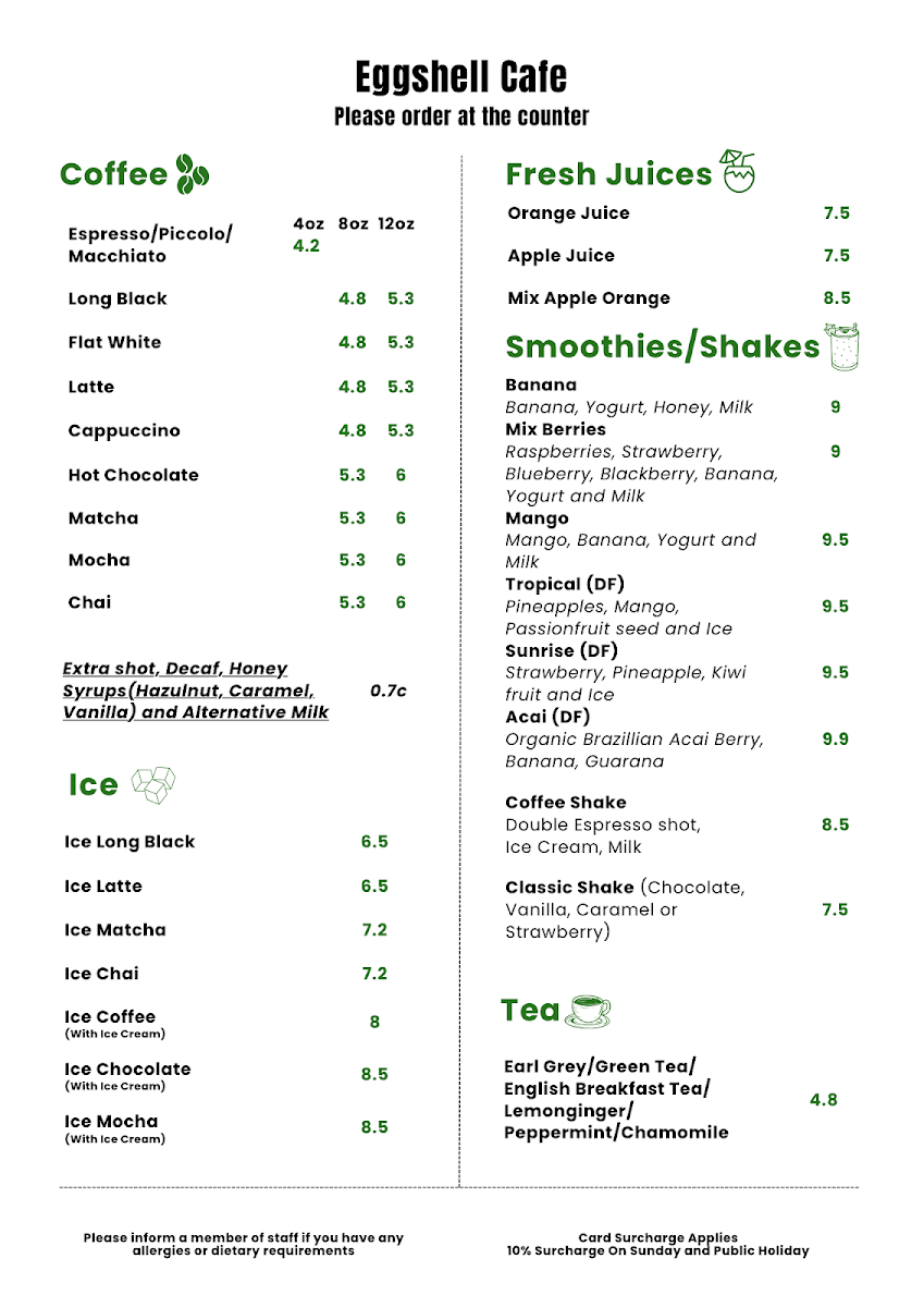 Menu, Eggshell Cafe