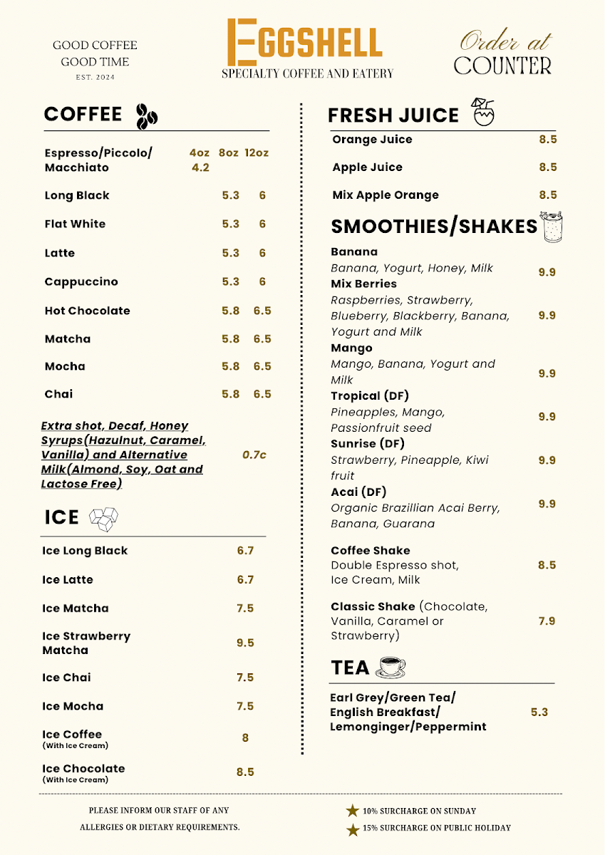 Menu, Eggshell Cafe