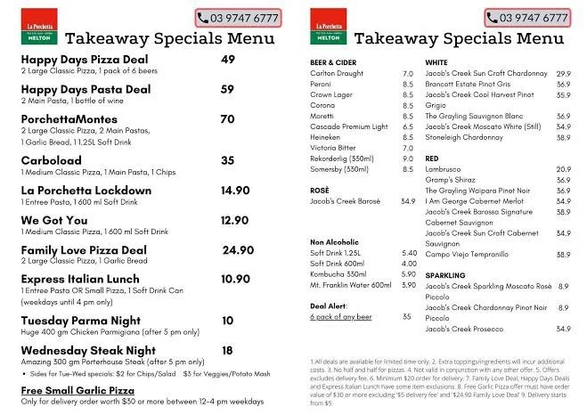 Menu, La Porchetta | Best Italian Restaurant in Melton