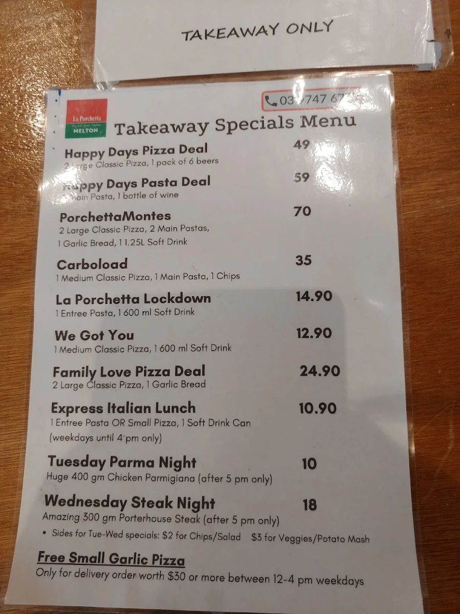 Menu, La Porchetta | Best Italian Restaurant in Melton
