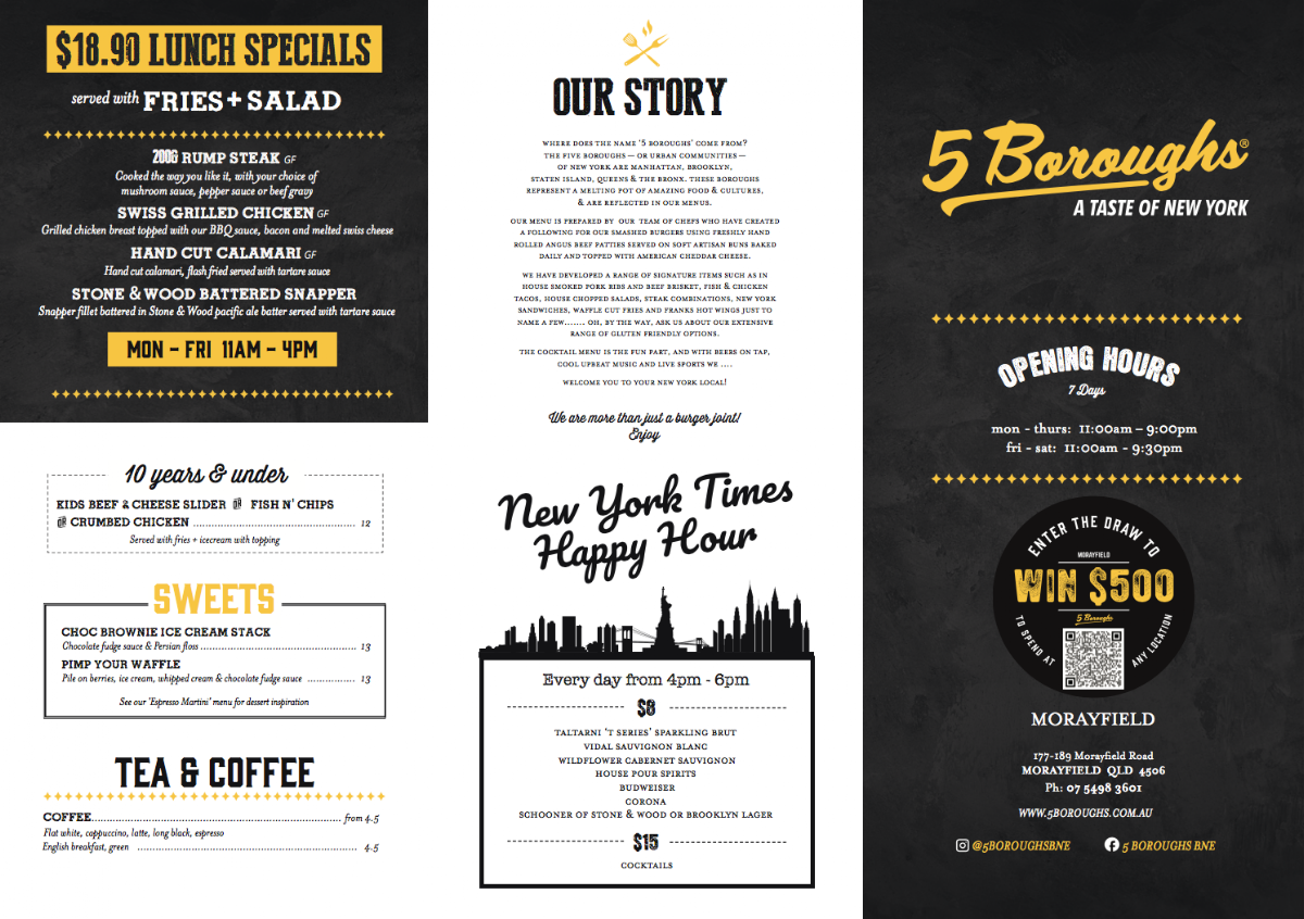 Menu, 5 Boroughs Morayfield