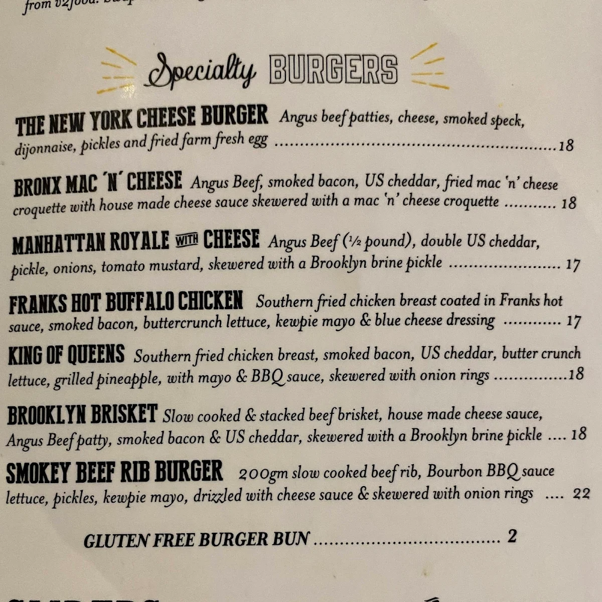 Menu, 5 Boroughs Morayfield