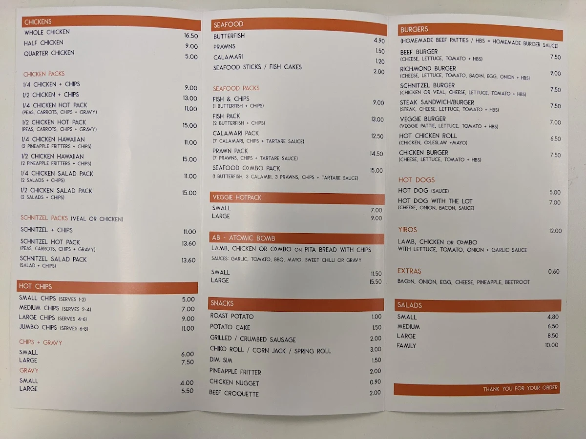 Menu, Richmond Chicken & Grill