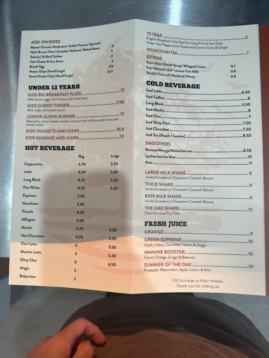 Menu, The Oak At Illawarra
