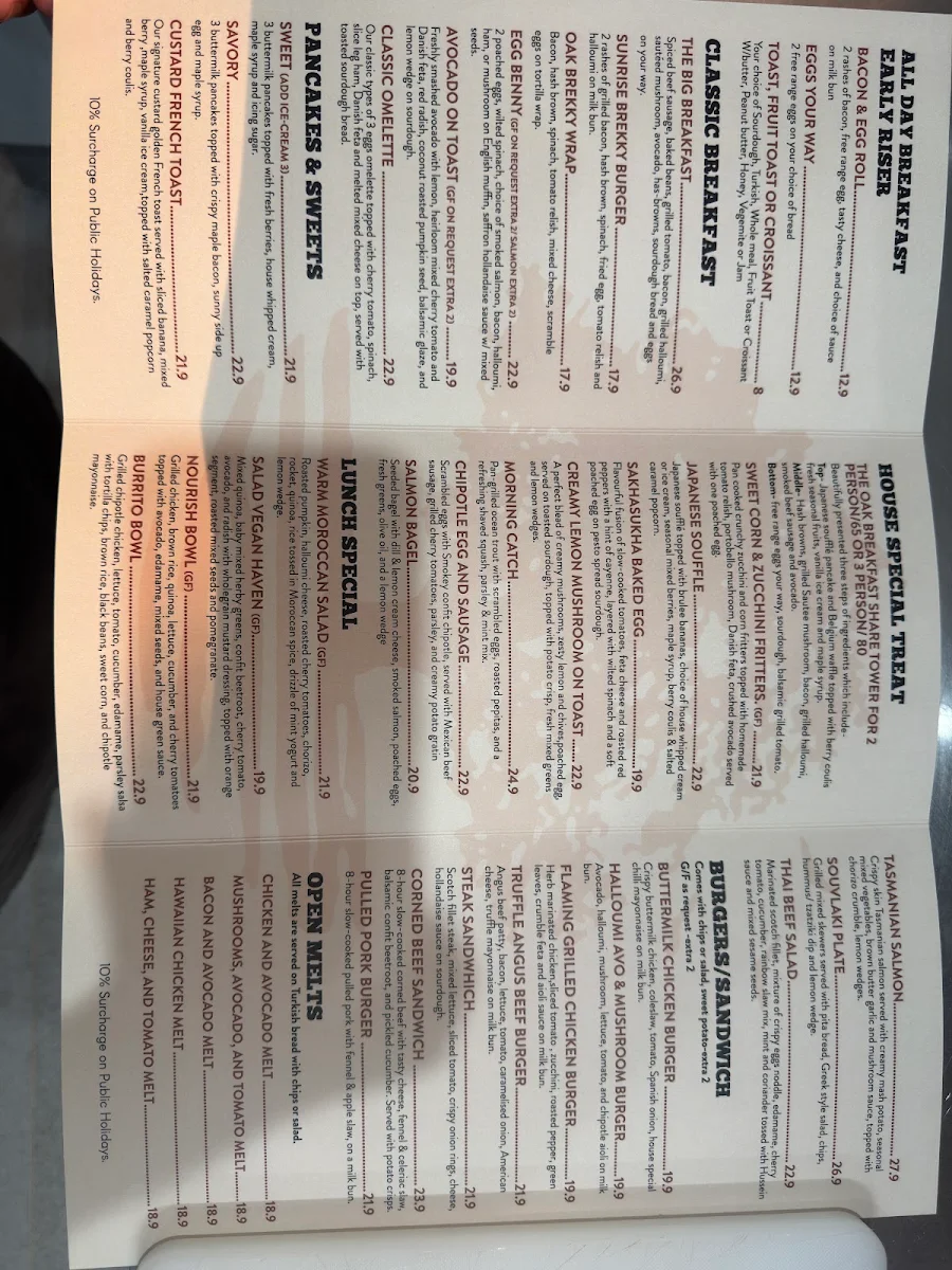 Menu, The Oak At Illawarra
