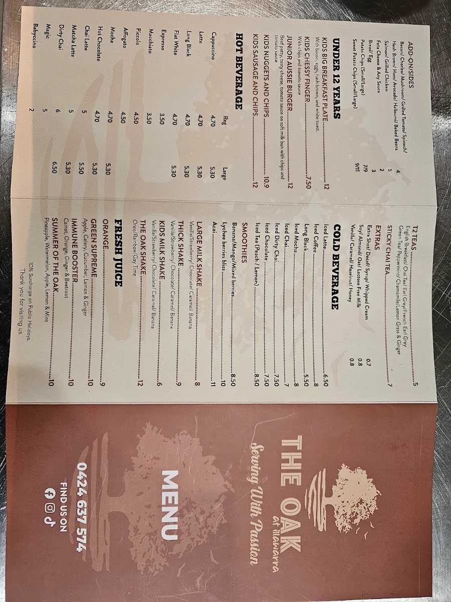 Menu, The Oak At Illawarra