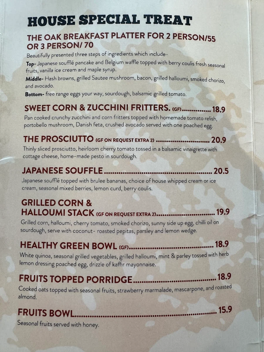 Menu, The Oak At Illawarra