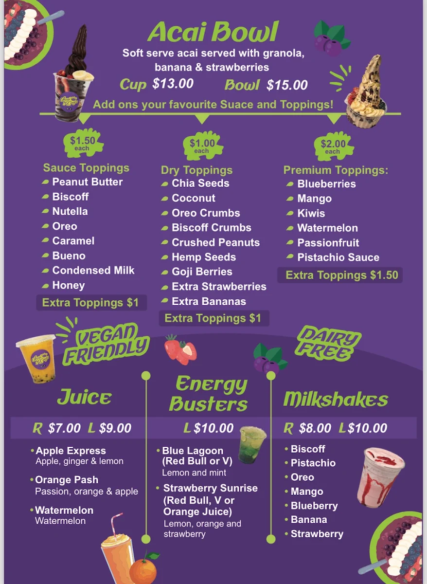 Menu, Acai Kingz
