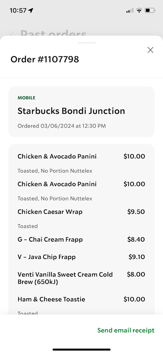 Menu, Starbucks Bondi Junction
