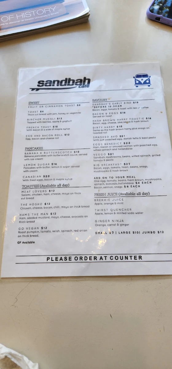 Menu, Sandbah Cafe