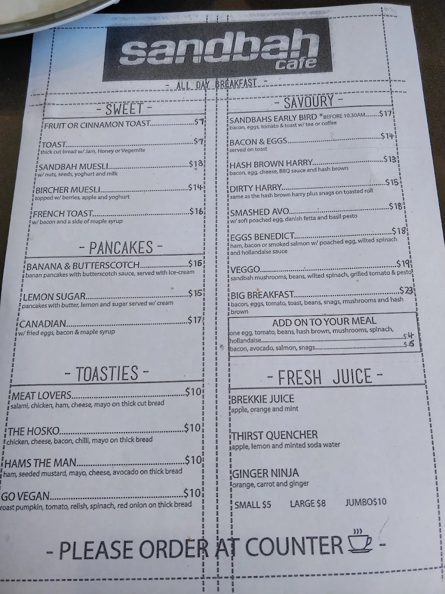 Menu, Sandbah Cafe