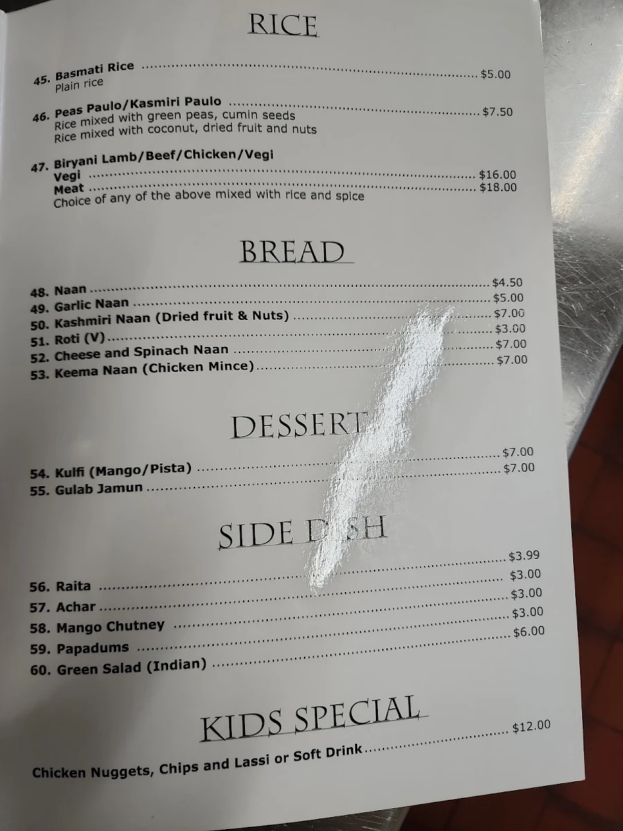 Menu, Indian Corner at Wilson