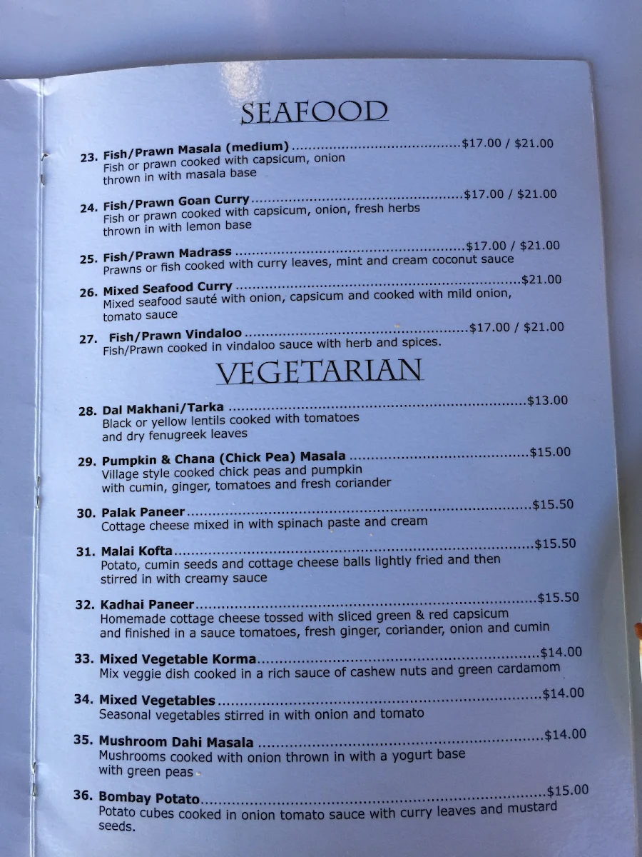 Menu, Indian Corner at Wilson