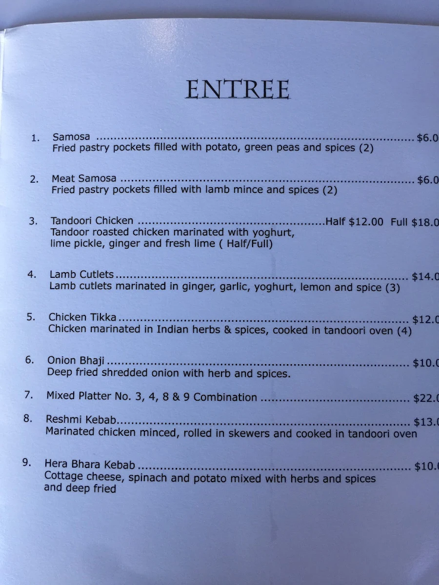 Menu, Indian Corner at Wilson