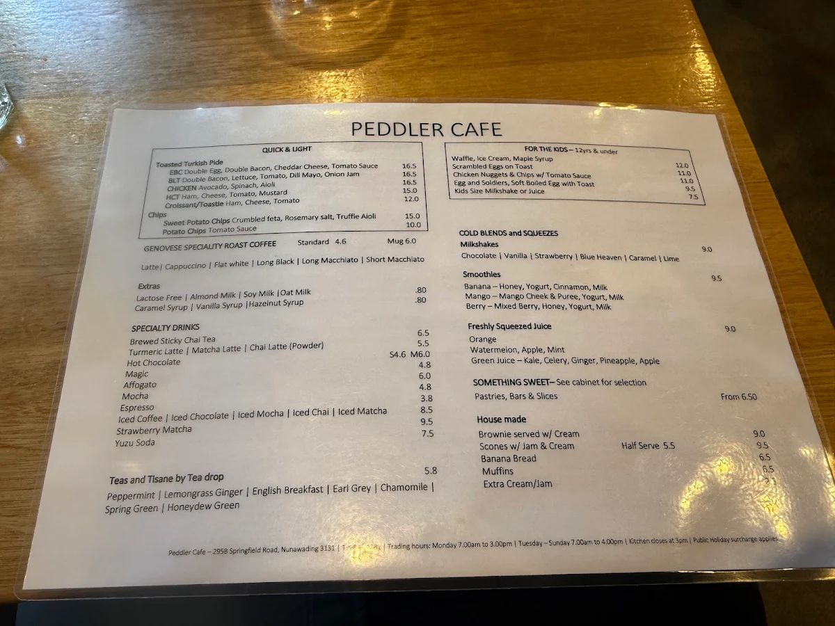 Menu, The Peddler Cafe