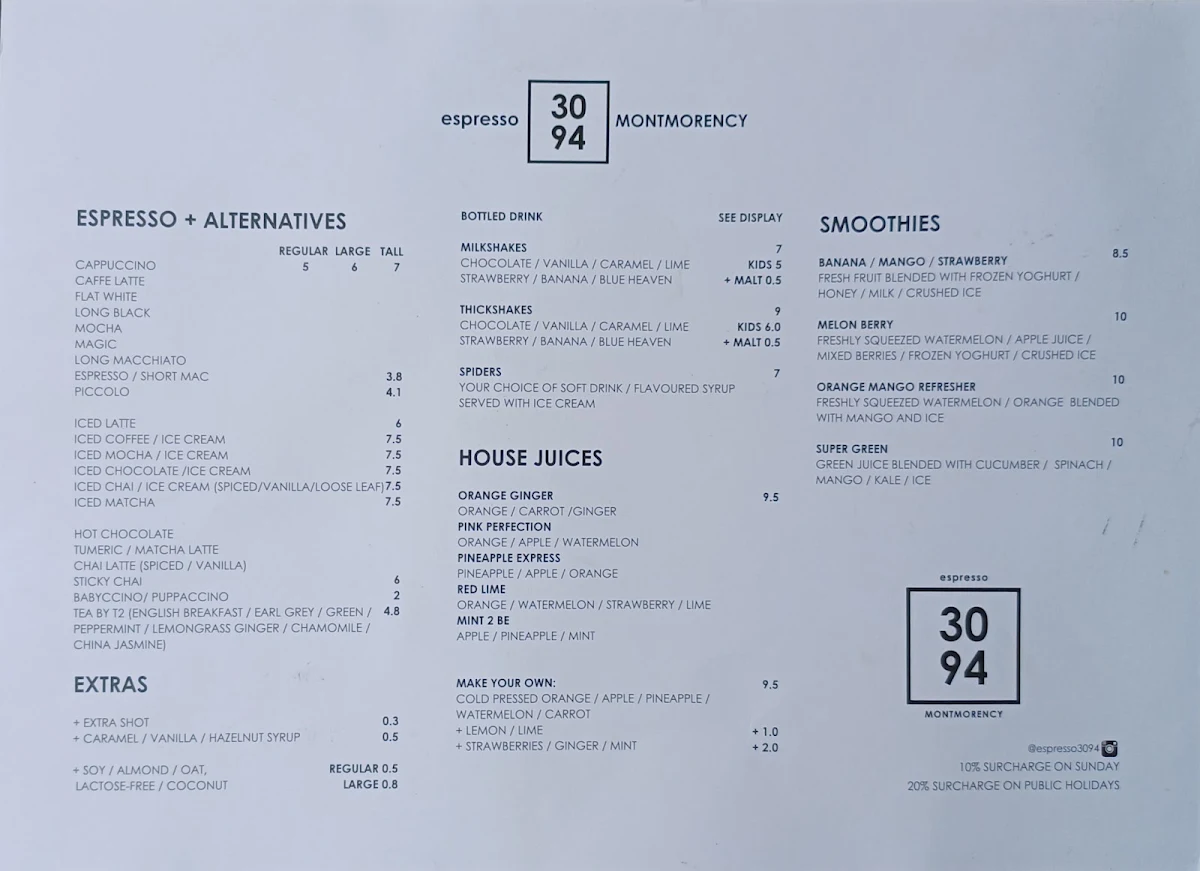 Menu, Espresso 3094
