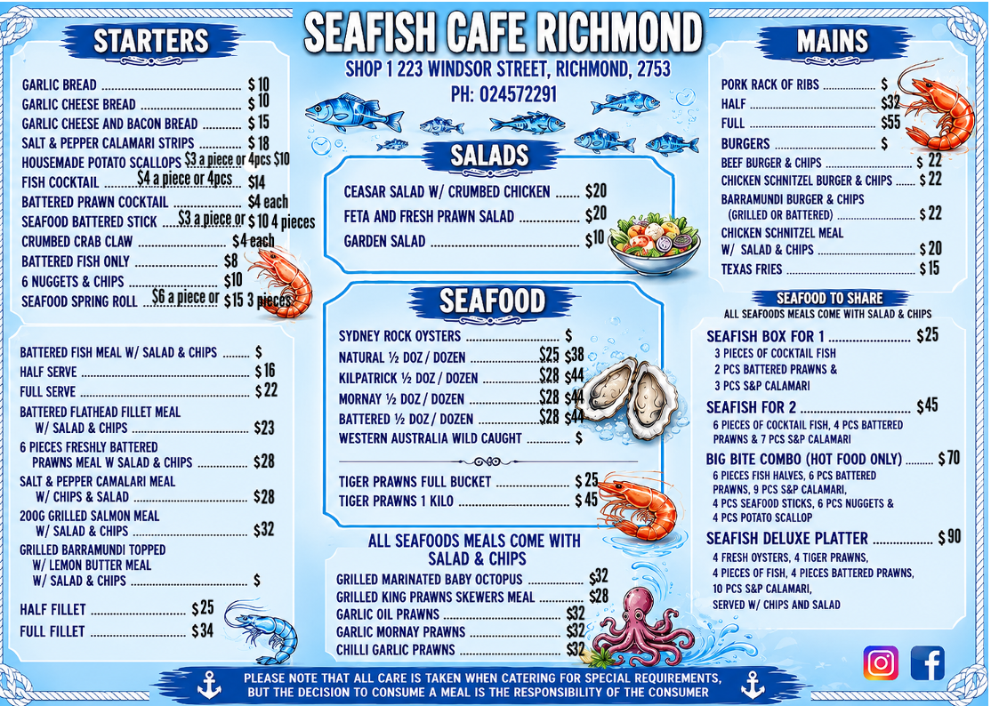 Menu, Sea Fish Cafe