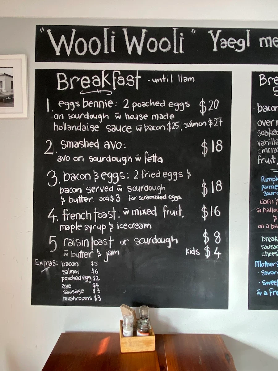 Menu, Wooli Wooli Cafe