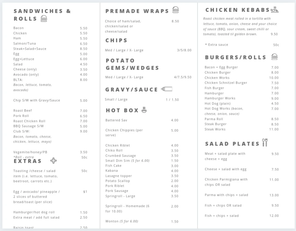 Menu, T&J's Snack Bar