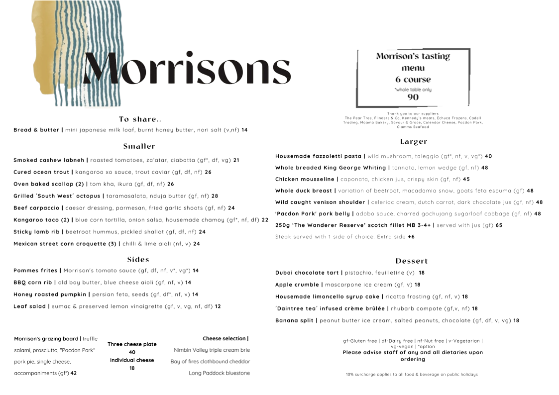 Menu, Morrisons Winery and Restaurant