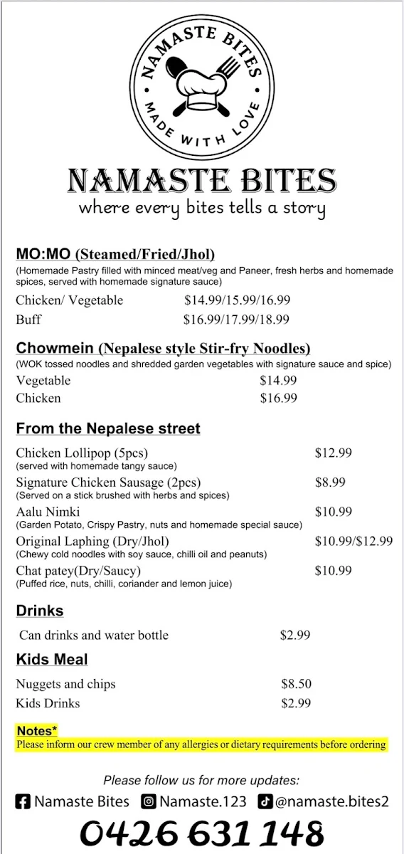 Menu, Namaste Bites
