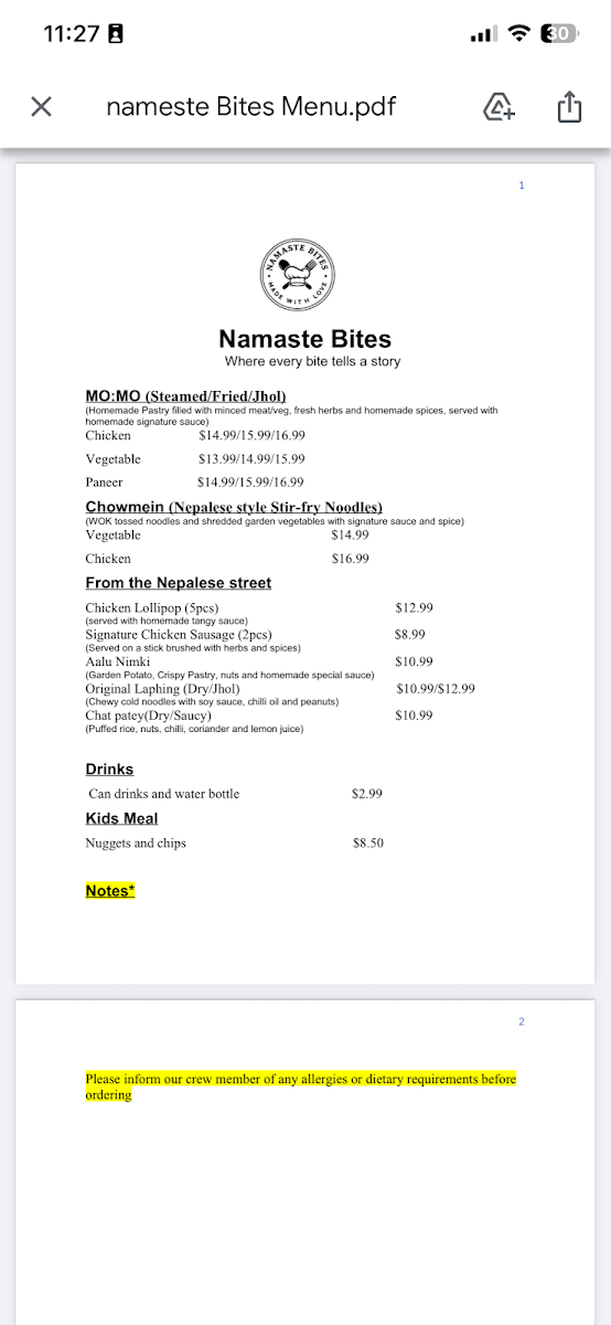 Menu, Namaste Bites
