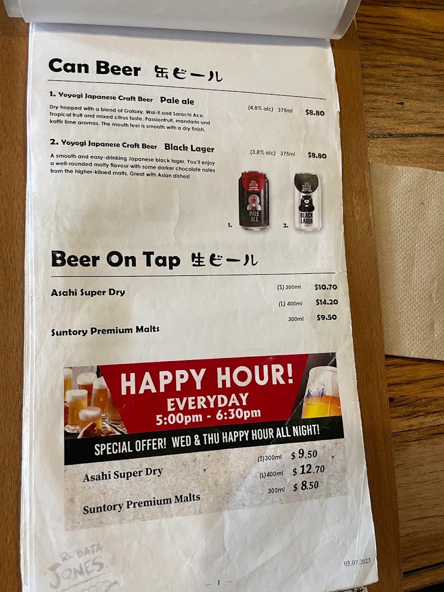 Menu, Robata Jones