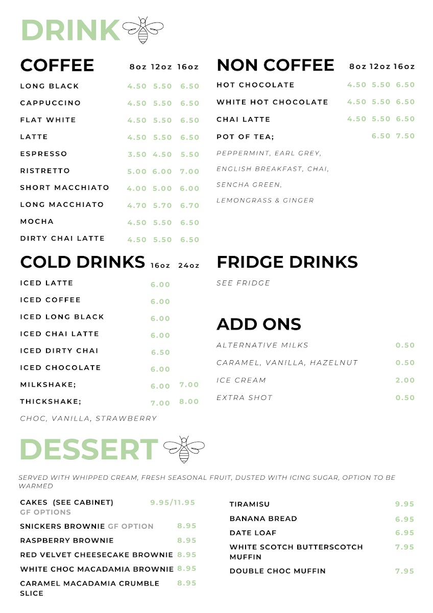 Menu, Wild Honey Café