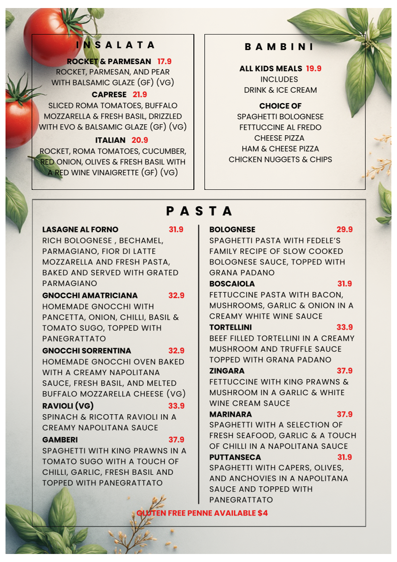 Menu, Fedele's East Gosford